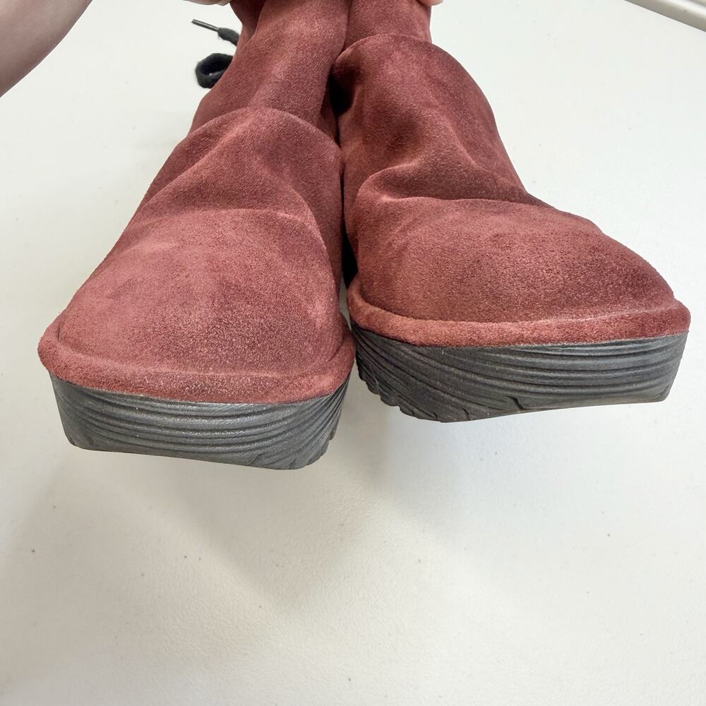 Fly London Yama Suede Wedge Boots Rust Orange Ruched Bootie Womens EU 41 /US 10 - Picture 6 of 9